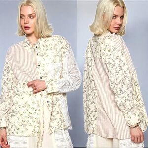 POL Oversized Shirt Lace Patchwork Floral Button-Up Long Sleeve Boho Large NEW